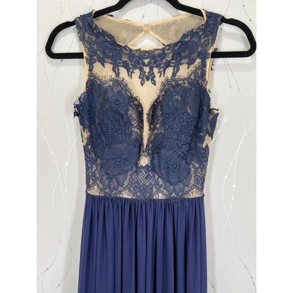 Sherri Hill Navy Blue Lace Illusion Open Back Formal Gown $298 - Picture 6 of 14